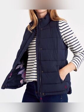 Joules Eastleigh Padded Gilet Vest Navy Floral Lining Outdoors Winter size 10